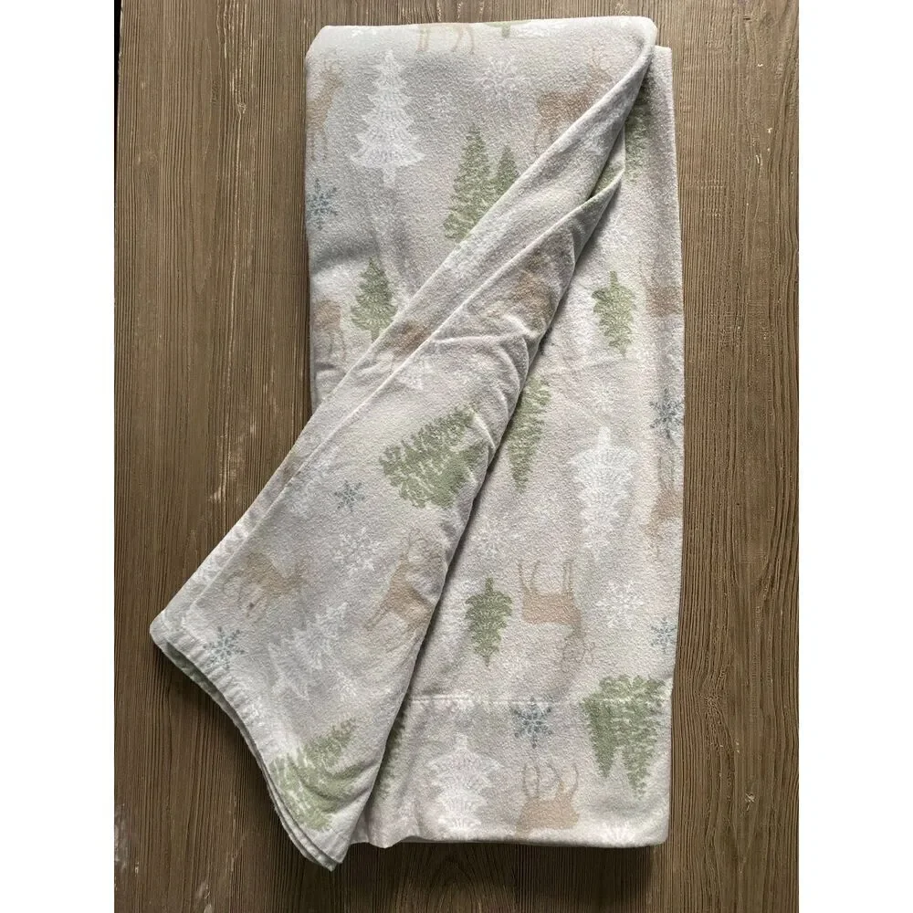 North Pole Winter Scene Deer Flannel Bed Flat Top Sheet